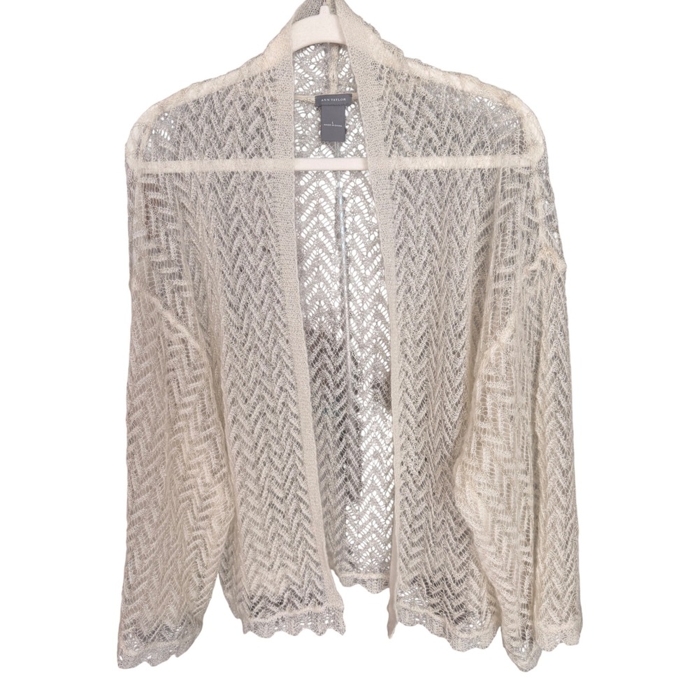 Ann Taylor Mohair Blend Crochet Open Front Cardigan Size L